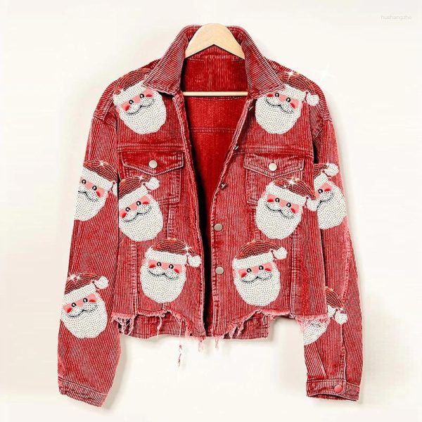 Women's Jackets 2023 Autumn/Winter Corduroy Santa Claus Sequin Coat Multi-colored Jacket Baseball Christmas Gift