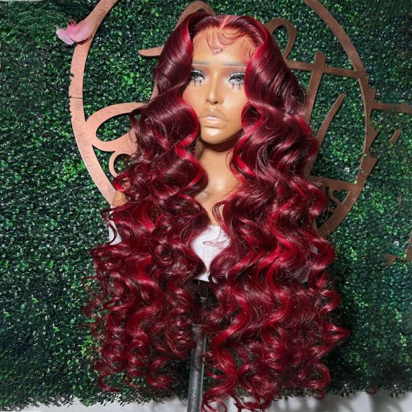 Brazilian 99J Dark Red Gluless Highlight Wig loose deep wave Human Hair Wigs 13X4 Lace Frontal Wigs Water Wave Closure Wigs