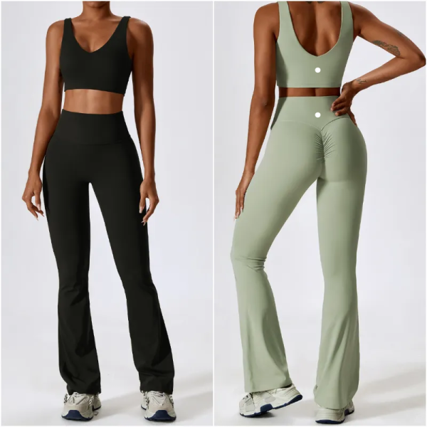 8232 Womens Yoga Outfit Yoga Sets Vest Sleeveless Tops Pants Bell-bottom Trousers Excerise Sport Gym Running Long Pant Elastic High Waist Sportwear