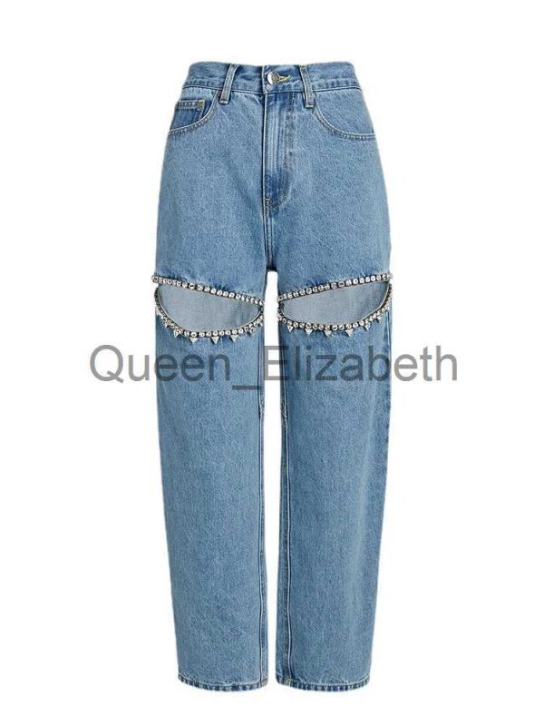 Women's Jeans Rhinestones Embroidered Flares Jeans For Women High Waist Patchwork Button Hollow Out Summer Wide Leg Pants Female Fashion New J231108