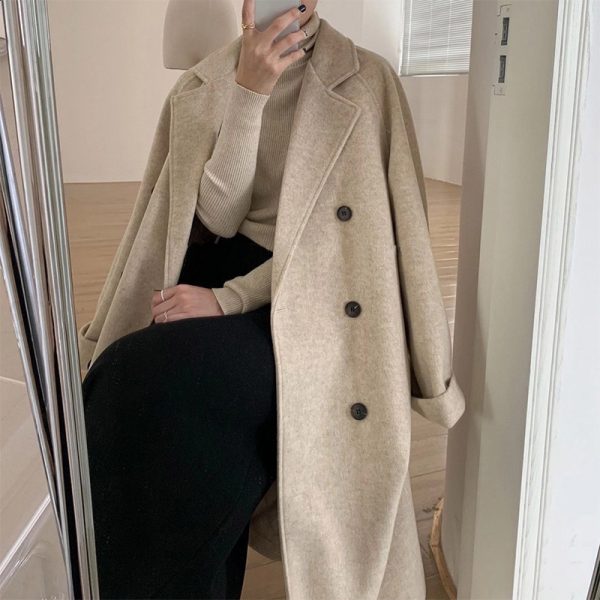 Womens Wool Blends Women Overcoat Color Matching Doublebreasted Winter Coat Mid Length Doublesided Turndown Collar Lady For Dating 231114