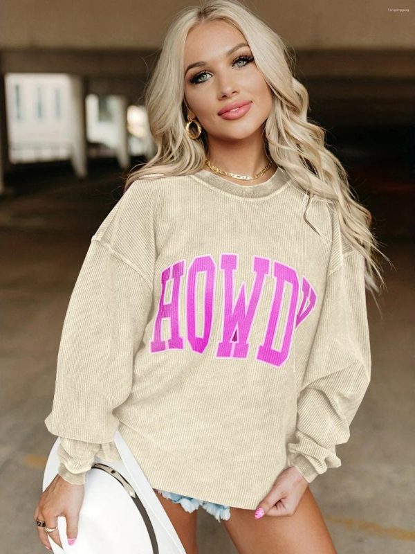 Women's Hoodies Women Cord Howdy Corduroy Crewneck Sweatshirt Ladies Ribbed Textured Oversized Crew Neck Sweat Shirt Pullover Hoodie For