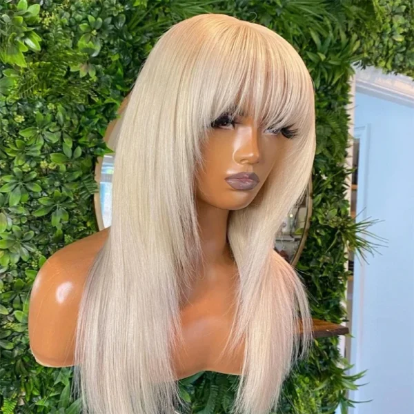 Brazilian Hair White Straight Wig with Bangs Fringe Bob Human Hair Wig with Bangs for Women Glueless Full Lace Front with Bangs