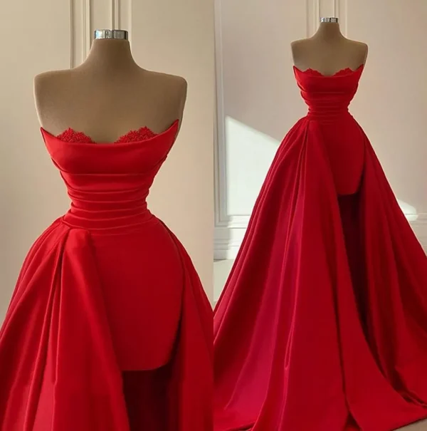 2023 Red Prom Dresses High Low Strapless Scalloped Lace Satin Custom Made Pleats Evening Gown Formal Occasion Wear Vestidos Plus Size