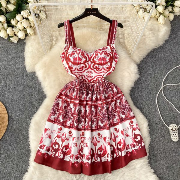 Basic Casual Dresses Summer Holiday Red Blue And White Porcelain Print Short Dress Women V-Neck Spaghetti Strap Cup Padded Zipper Back Mini Vestidos 2024