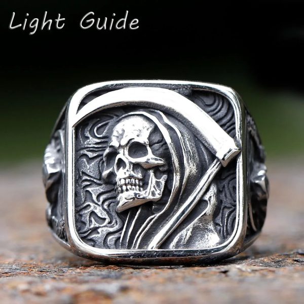 Wedding Rings Retro Mens 316L Stainless Steel Ring Mens Death Sickle Dominating Skull Ring Mens Hip Hop Punk Party Jewelry Gifts 231214