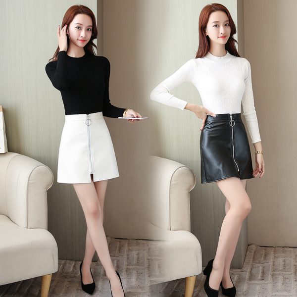 0C0020 Women's Short Skirts Spring and Autumn Seasons PU Faux Leather Half Length High Waisted Slimming Effect A-word Zipper