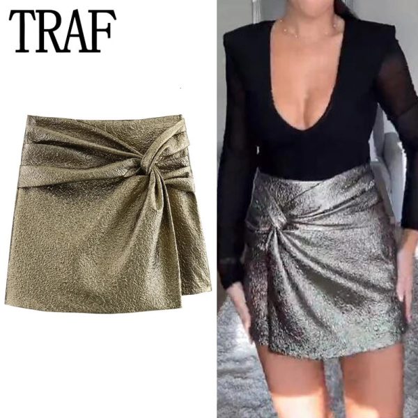 TRAF 2024 Knot Mini Skirt Shorts Woman Gold Women's Skort Pleated High Waist Short Skirts For Women Chic And Elegant 231222