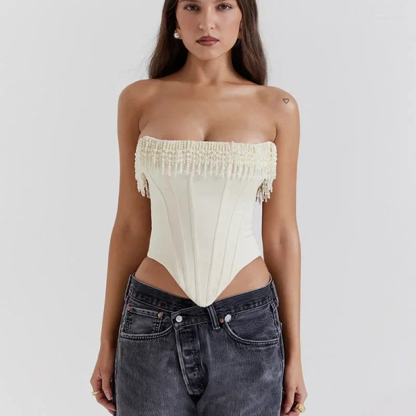 Women's Tanks Pearl Tassel Corset Strapless Crop Tops Women 2024 Spring Sexy White Sleeveless Backless Ladies Fashion Club Partywear