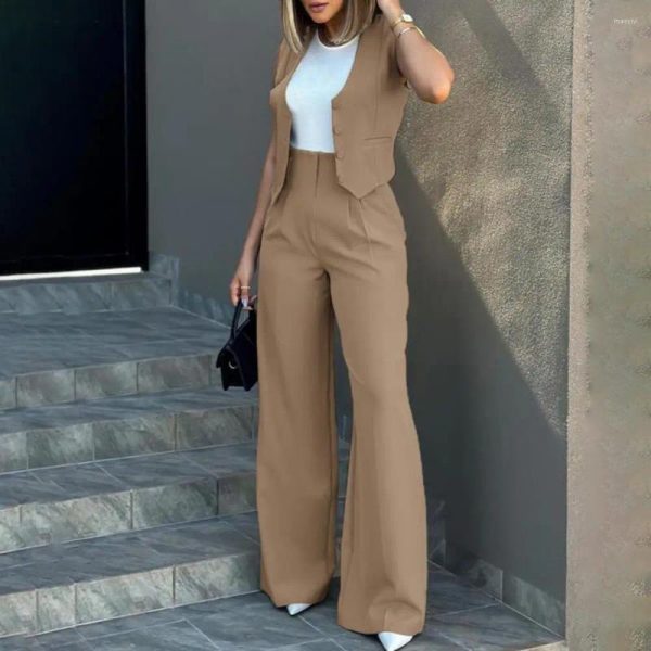 Women's Two Piece Pants Women Vest Suit Elegant Lady Baggy Set With Solid Color High Waist Wide Leg Streetwear For A