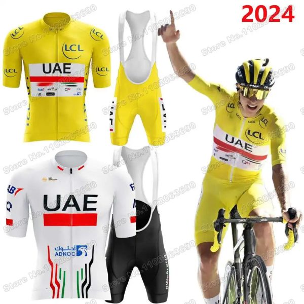 UAE Team Cycling Jersey Set Tadej Pogacar TDF Clothing Yellow White Road bike Shirt Suit Bicycle Bib Shorts Maillot 240113