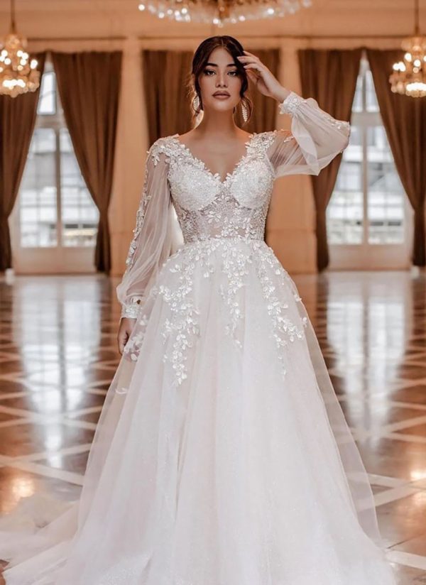 White Wedding Dresses Ivory Bridal Gowns Formal A Line V-Neck Long Sleeve Tulle Sequins Beaded Applique Custom Zipper Lace Up Plus Size New Backless