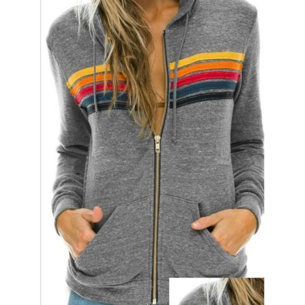 Women'S Hoodies & Sweatshirts Womens Hoodies Sweatshirts Women Fashion Hoodie Oversized Rainbow Stripe Long Sleeve Sweatshirt Zipper Dhoai