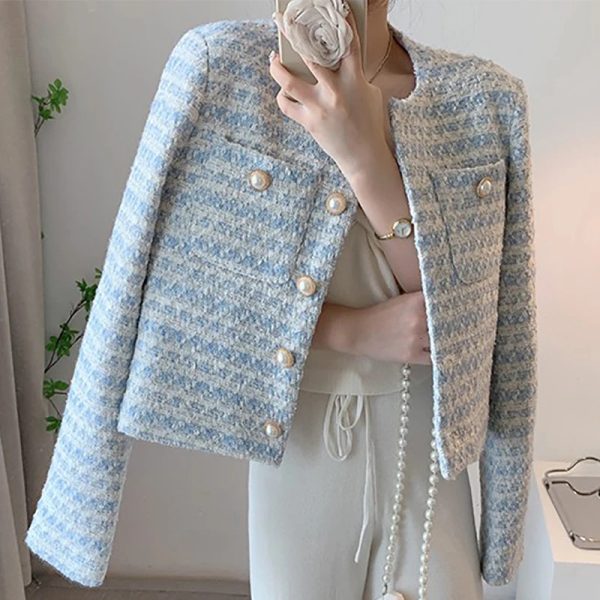 Women Loose Office Pocket Short Coat Single-breasted Tweed Cardigan Coat Autumn Winter Thickened Casual Long Sleeve Jacket Coat 240201