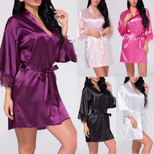 Women's Sleepwear Women Sexy Ice Silk Lingerie Satin Robes Lace Nightdress Smooth Soft Nightwear Solid Elegant Kimono Casual Homewear