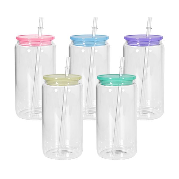 Blank Sublimation 16oz Glass Can with PP Lids Tumbler shape Bottle with Lid and Straw Summer Drinkware Mason Jar Juice Cup Z11