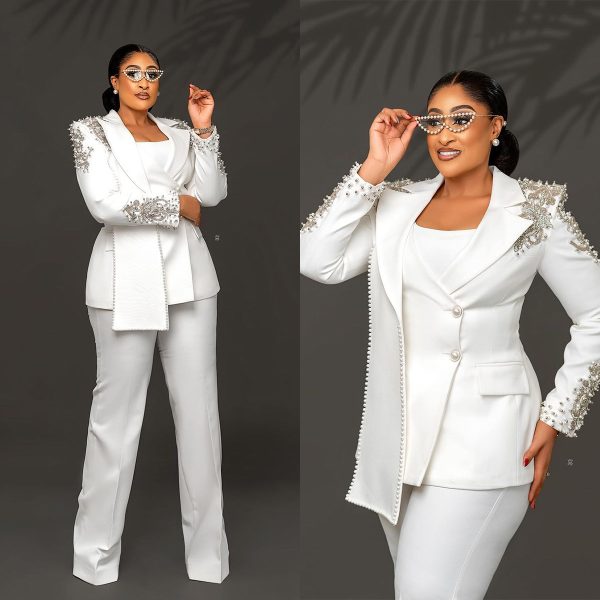 Unique Design Beads Women Pants Suits White Wedding Blazer Jacket Guest Wear Slim Fit 2 Pieces