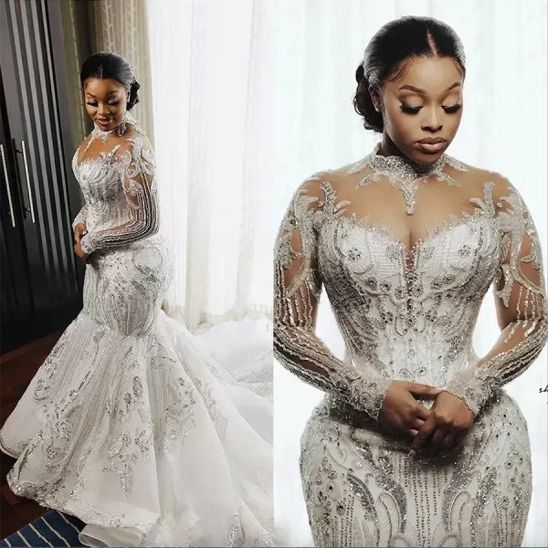 2024 Long Sleeves Mermaid Wedding Dresses Bridal Gown Sequins Lace Applique High Neck Sweep Train Custom Made Vestidos de novia Plus Size Beach Garden