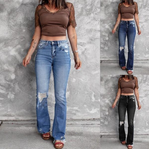 Women's Jeans Micro-flare Stretch High Slim-fit Zipper Button Retro Waist Ripped Jean Pants For Women