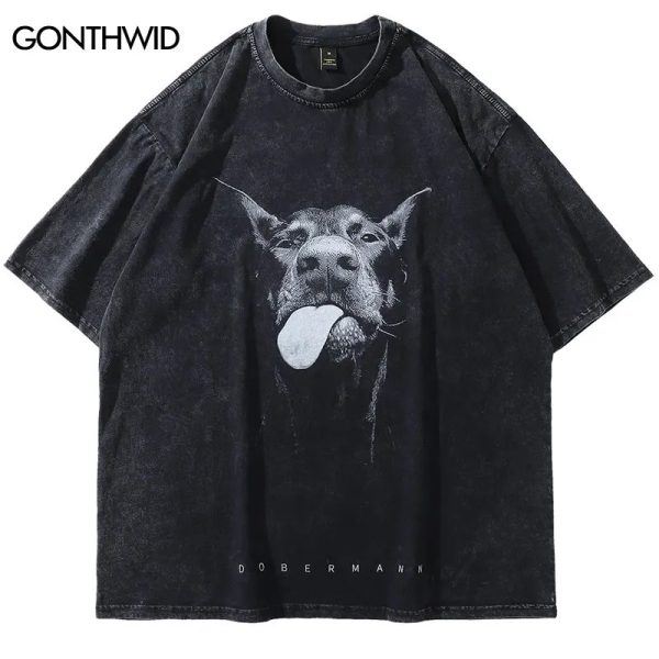 2023 Men Streetwear Hip Hop Oversized T Shirt Funny Doberman Dog Graphic TShirt Vintage Washed Black Tshirt Harajuku Tee Cotton 240315