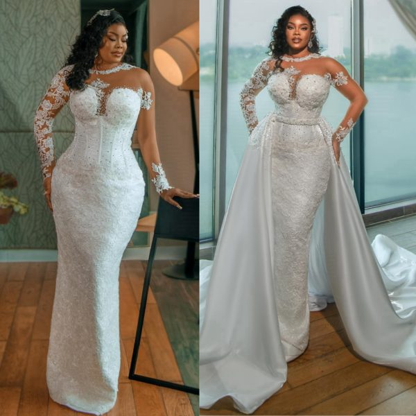 2024 Mermaid Wedding Dresses Bridal Gowns With Detachable Train Plus Size Illusion Long Sleeves Beaded Lace Wedding Gown for African Black Women Bride D211