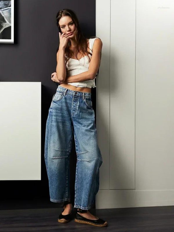 Women's Jeans Mid-Rise Barrel Women Casual Baggy Mid Waist Wide Leg Loose Boyfriend Denim Pants Straight Cropped Y2k