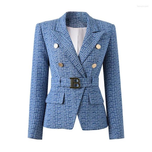 Women's Suits Spring Autumn High Quality Blazer 2024 Denim Fabric Jacquard In Jackets Ladies Gold Button Slim-fit Suit Blue