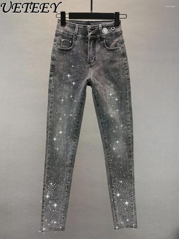 Women's Jeans Street Heavy Rhinestone Women Denim Pencil Pants Spring Autumn High Waist Stretch Slim Fit Burrs Ankle-Length Trousers