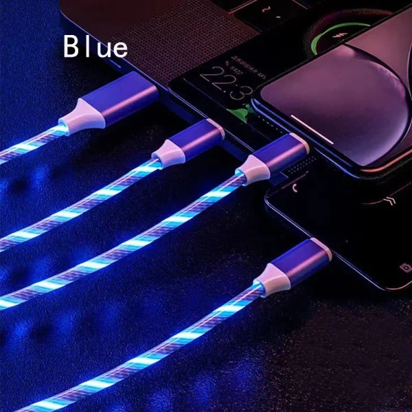 3 IN 1 Multi USB Universal Flowing LED Light Up Phone Charge Cable, With Interface For Apple+Type C+Micro USB Charger Connector