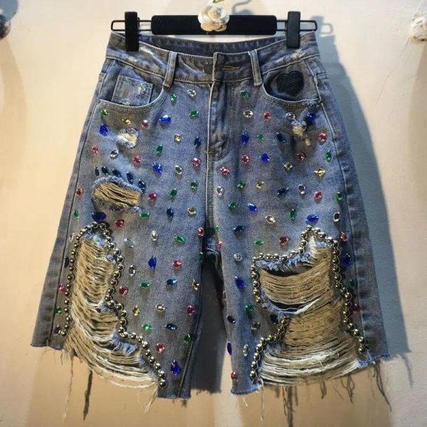 Women's Jeans 2024 Heavy Industry Diamond Studded Beaded High Waist Denim Shorts Summer Slim Fit Versatile Tassel Fashion