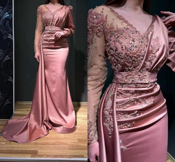 Vintage Pink Long Sleeve Evening Dresses Sheer V-Neck Mermaid Floor-Length Appliques Beads Floor Length Formal Party Ocn Gowns Mother Dress Prom