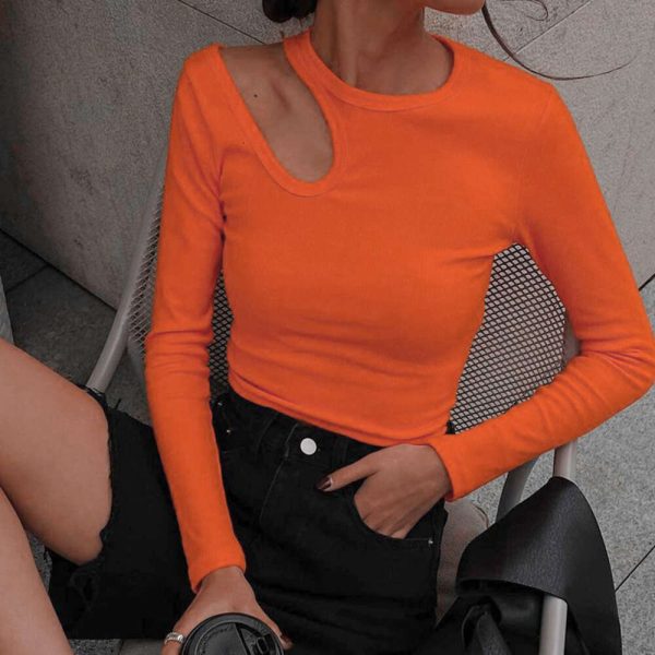 2022 New Irregular Hollow Long Sleeved T-shirt Women's Round Neck Solid Color Slim Fit Bottom Top F41717