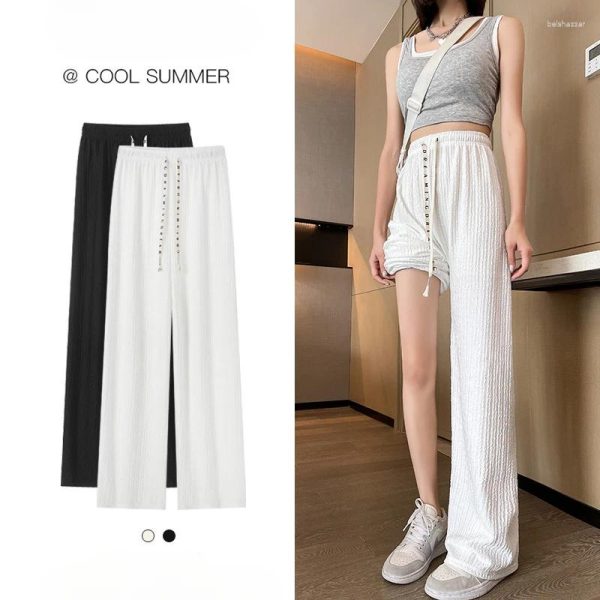 Women's Leggings White Ice Silk Wide Leg Pants Summer Thin High Waist Vertical Sports Casual Moped Long Loose Version Comfort