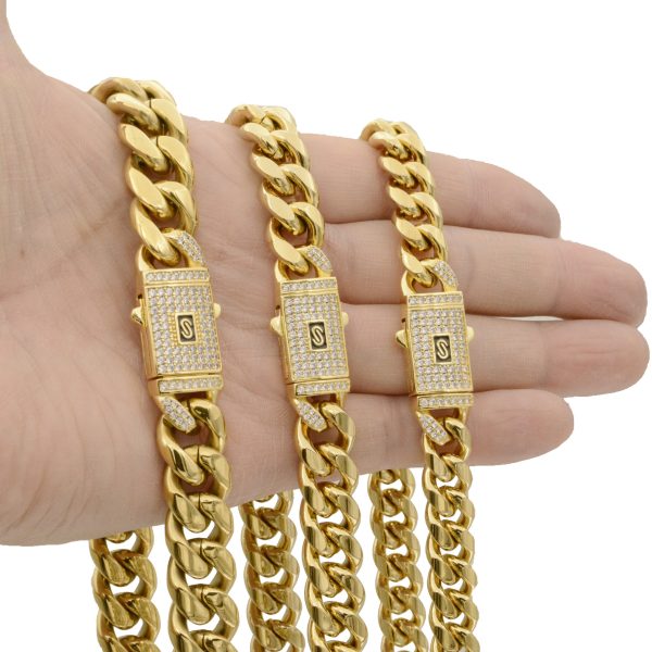 6-14mm Stainless Steel Miami Cuban Chain Zircon Copper Clasp 14K Gold Plated