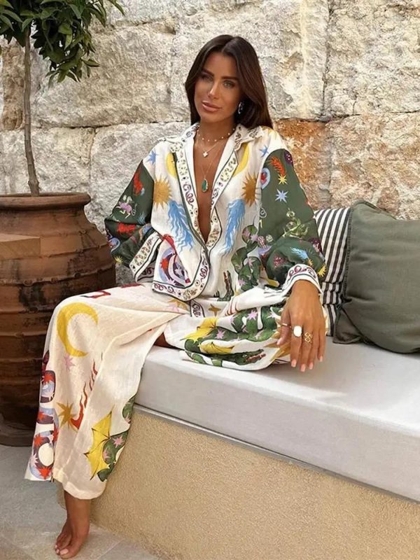 Women's Two Piece Pants Street Printed Shirt Pant Sets Women Lapel Long Sleeve Loose High Waist Wide Leg Suits 2024 Summer Lady 2 Pieces Set