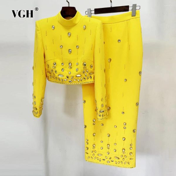 Work Dresses VGH Slimming Two Piece Sets For Women Turtleneck Long Sleeve Spliced Zipper Tops High Waist Skirts Patchwork Diamonds Set