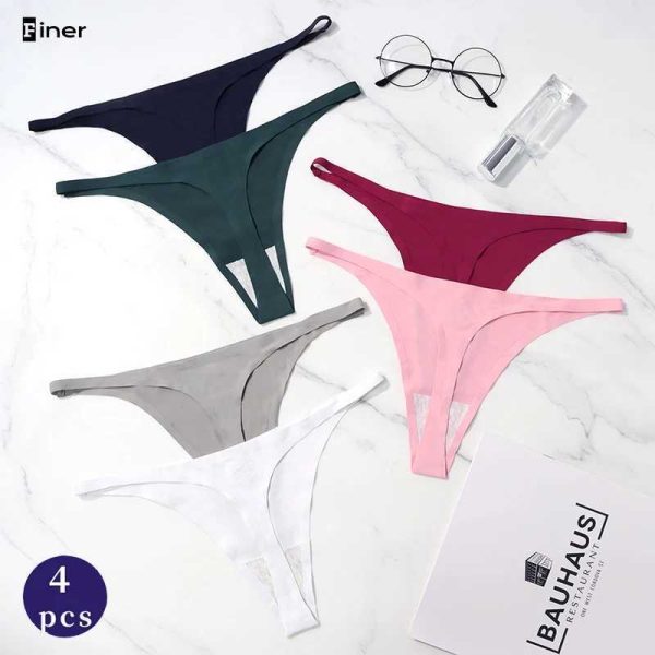 Women's Panties 4-piece set of sexy underwear seamless underwear for womens ice silk ribbon thin waistband thong for womens solid Tangas Mujer TbackL2405