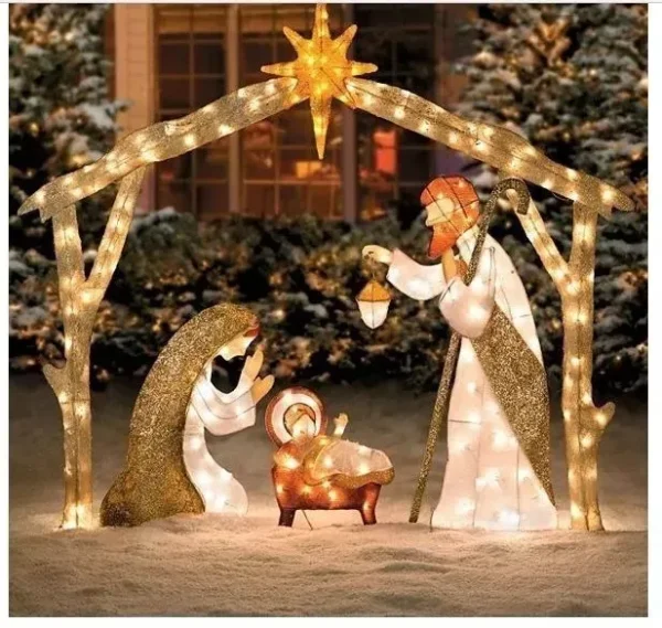 Tinsel Nativity Scene Warm White Plane Painting for Easter Christmas Outdoor Yard Garden Home Decorations Event Decoration 1027