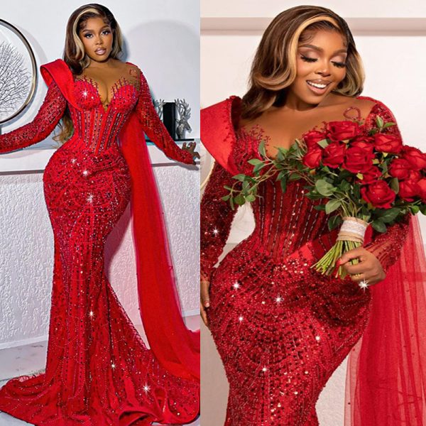 2024 Plus Size Red Prom Dresses for Special Occasions Promdress Illusion Beaded Sequined Lace Birthday Party Dress Second Reception Gowns for Black Women AM882