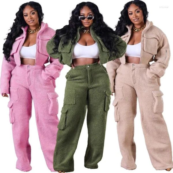 Women's Two Piece Pants Woolen Fleece Sets Women 2024 Winter Long Sleeve 3D Pocket Zipper Turn-down Collar Crop Top Wide Leg Streetwear