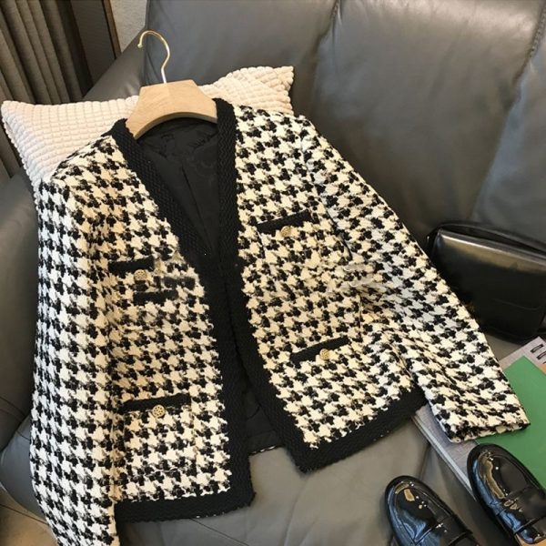 Autumn new womens tweed jacket woolen houndstooth plaid grid color block short coat plus size casacos SMLXL