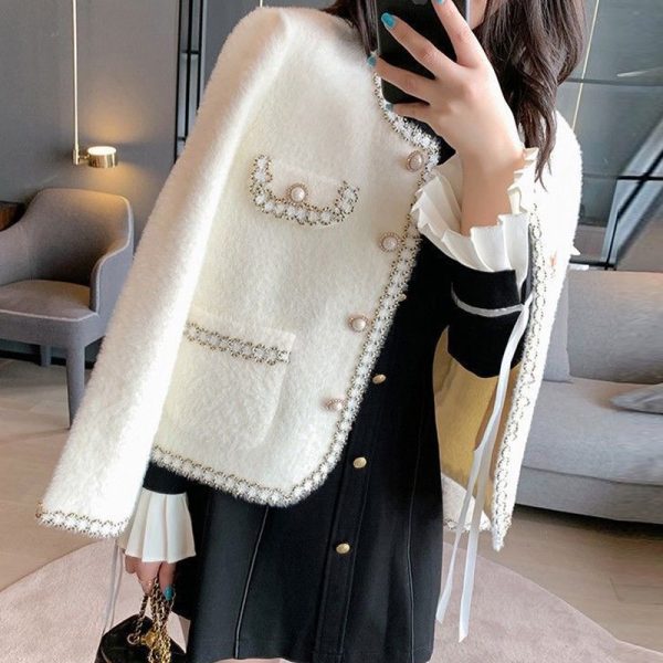 Autumn Fashion design womens o-neck long sleeve mohair wool fabric elegant short jacket coat casacos SMLXL