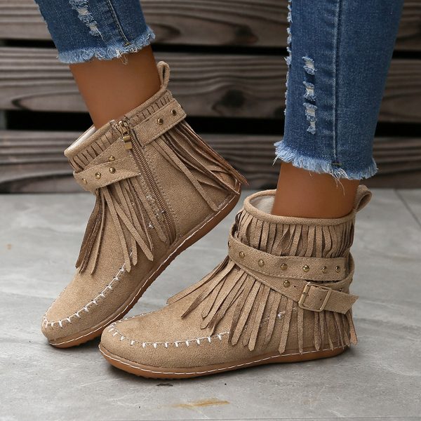 2024 free shipping new designer boots for women western cowboy boots thick heel polished punk style motorcycle zipper Riveted flat bottomed fringed boots