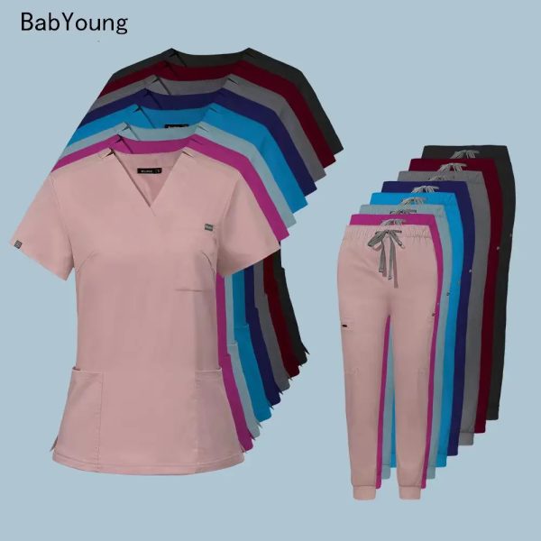 Uniforms for Summer Nurse Women Fashion Uniforms Cool Fabric Short Sleeve Scrubs Clothes Nursing Elastic Pants 240506