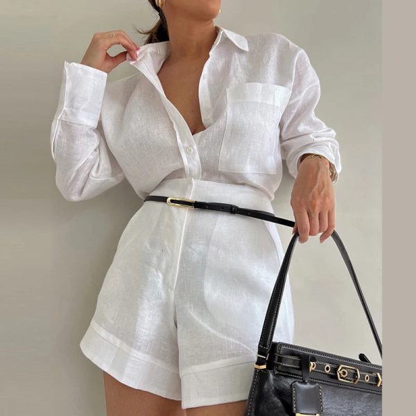 Aoaiiys White Short Sets Women Shirts Long Sleeve Linen Loose Blouse High Waist Shorts Suit Summer 2 Piece Womens Outfits 240518