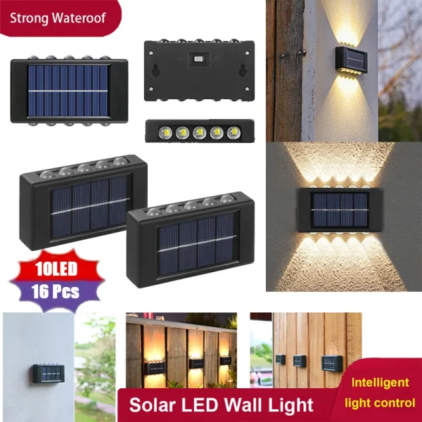 16PCS Solar Wall Light Warm Light Up and Down Auto Working 10LED Texture Black Shell House/garden/porch Lighting Light