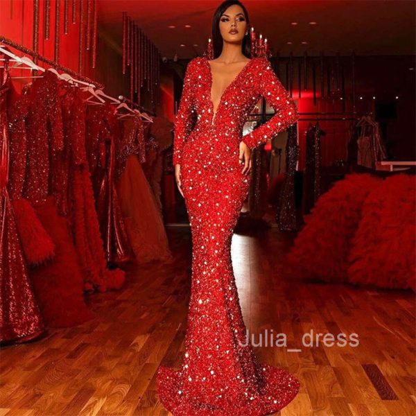 2024 Spring New Womens Wrapped Hip Dress with Fish Tail Edge Red Sequin Long sleeved V-neck Dress