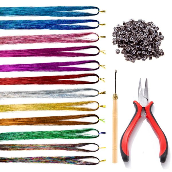 47 Inches Tinsel Hair Extensions Kit with Tool 12 Mixed Colors 2400 Strands Glitter Sparkle Shiny Hairs Braider for Women Girls 240528