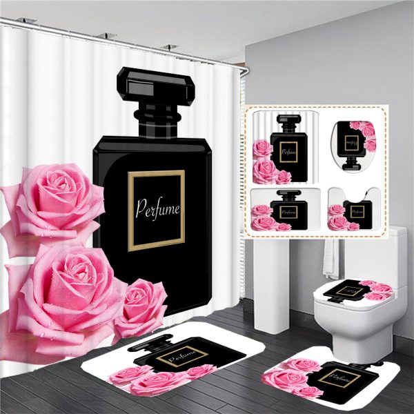 4 Pieces Luxury Perfume Bottle Flower Print Bathroom Shower Curtain Flower Bath Curtain Set Toilet Cover Non-Slip Mat Rug Carpet