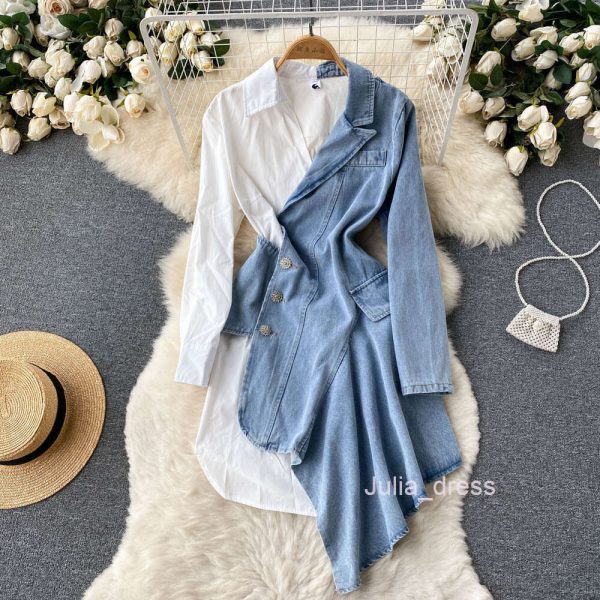 2022 spring and autumn new irregular long sleeved shirt stitching cowboy temperament fried Street dress female design sense of minority